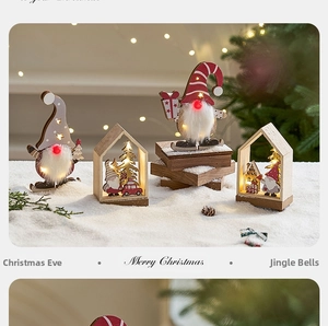 Macro detail of wooden LED Christmas gnome and house ornaments on snow background