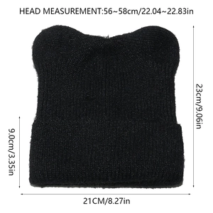 Size chart for black cat ear knit hat with detailed height and width measurements