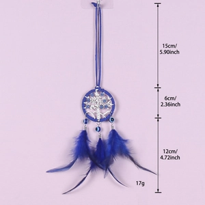 Blue peacock feather dreamcatcher with Tree of Life and Evil Eye beads car ornament