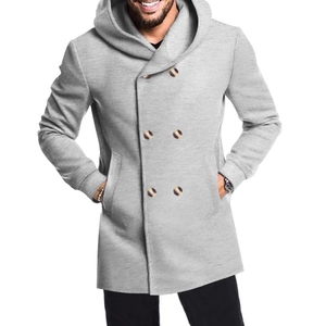 Detail of grey men's slim fit hooded trench coat featuring double-breasted buttons