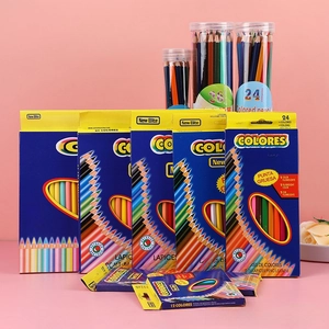 Close-up of New Elite multi-color pencil set in blue paper box and clear tube packaging