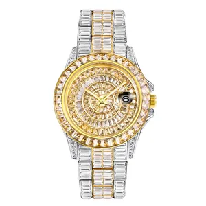 Luxury square iced-out quartz watch for men with gold and silver tone zirconia stones