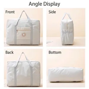 Large capacity light grey travel bag with plane logo shown from four different view angles