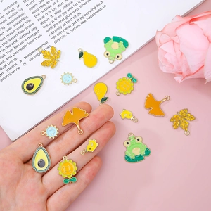 Set of enamel charms including frog, avocado and sunflower for DIY jewelry making