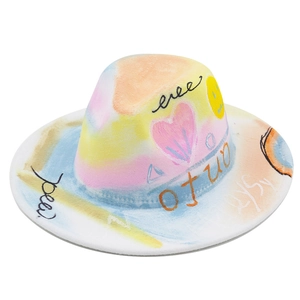 Artistic hand-painted wide brim wool fedora with colorful graffiti and street style designs