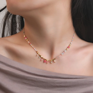 Bohemian colorful natural stone beaded necklace with gold metal spacers for summer
