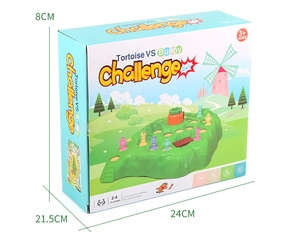 Detailed view of Tortoise VS Bunny Challenge board game packaging with product dimensions
