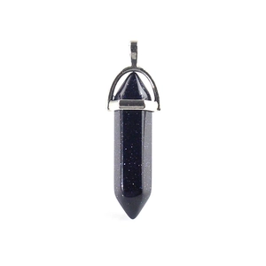 Macro shot of dark blue hexagonal crystal pendant with a sleek silver metal clasp