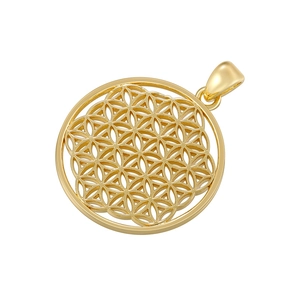 Detailed close-up of golden Tree of Life geometric pendant with intricate cutout patterns