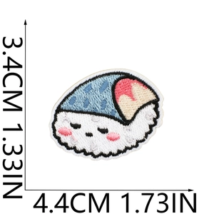 Detailed size view of a cartoon sushi embroidery patch with precise needlework stitches