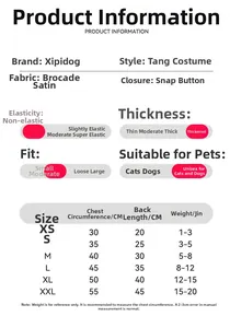 Detailed size chart for pet Tang suit including chest, length, and weight metrics for dogs