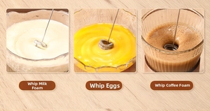 Three-in-one view showing electric frother whisking milk foam, eggs and coffee