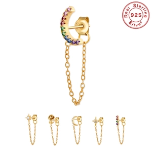 925 Sterling Silver Rainbow Cubic Zirconia Moon Star Chain Link Tassel Dangle Earrings For Women Gold Plated Jewelry