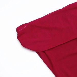 Detailed macro view of the sheer red mesh fabric texture and knit quality on the sexy dress