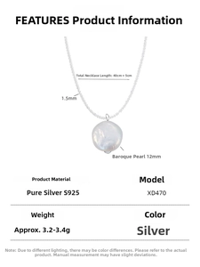 Detail showing S925 sterling silver chain specs and a 12mm white baroque pearl pendant
