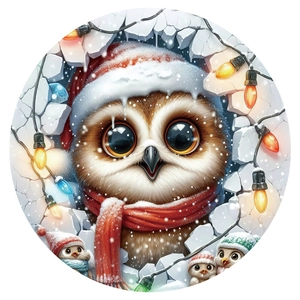 3D Christmas owl window sticker featuring festive red hat and colorful holiday lights