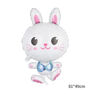 Detailed view of white cartoon rabbit foil balloon for Easter decoration, size 81x49cm