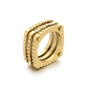 Gold square punk ring with brushed metal finish and cubic zirconia accents