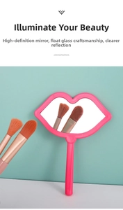 Detail of pink lip-shaped handheld mirror featuring a high-definition float glass surface
