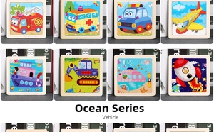 Detail view of 9-piece wooden vehicle puzzles featuring fire truck, police car and aircraft