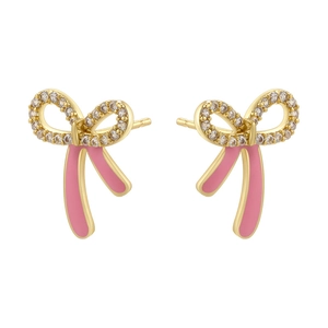 Elegant gold bow earrings with pink enamel and sparkling white cubic zirconia crystals