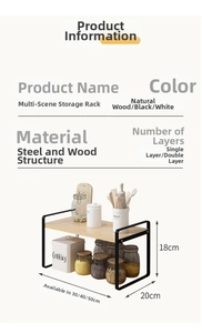 Detailed size chart for tiered kitchen counter shelf in wood and steel finishes