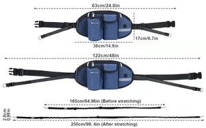 Detailed dimension chart for blue outdoor running dog leash waist bag with water bottle pouch
