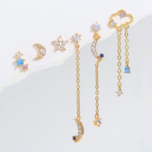 6pcs Celestial Moon and Star Earring Set with Zircon Tassels in Golden Finish