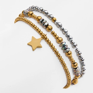 18K Gold Plated Stainless Steel Beaded Bracelet Star Pendant Waterproof Hypoallergenic Punk Rock Bohemian Style Jewelry