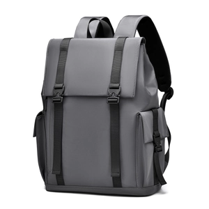 Modern grey waterproof men's backpack featuring double black buckle straps and flap cover