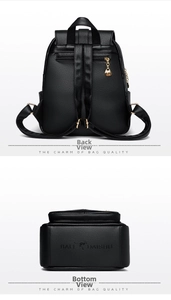 Detail of lychee pattern leather backpack with anti-theft zipper pocket and gold logo
