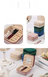Macro view of portable velvet jewelry box with quilted design and inner mirror
