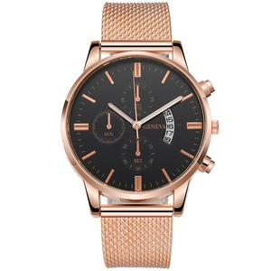 Close-up of Geneva men's watch featuring rose gold mesh band and black calendar dial