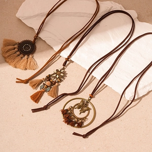 Bohemian retro flower and butterfly pendant long sweater necklaces with cotton tassels