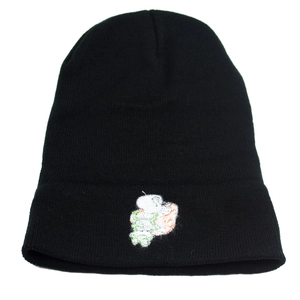 Black knit beanie with colorful cartoon frog embroidery on front, warm winter headwear