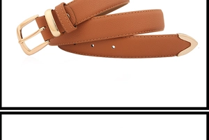 Detail of brown litchi pattern leather belt with polished gold pin buckle and metal tip
