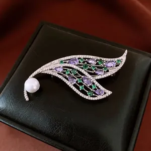 Copper Elegant Leaf Brooch With Purple Green Zircon And Artificial Pearl Hollow Design Fashion Corsage For Women