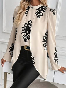 Elegante beige Damen Langarm-Printbluse mit Vintage-Muster und hohem Kragen für den Herbst