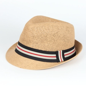 Summer straw fedora hat with striped band and breathable sun protection for beach travel