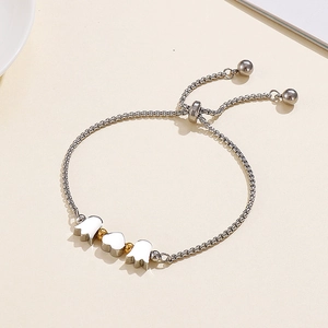 Silver stainless steel tulip and heart charm bracelet with adjustable drawstring closure