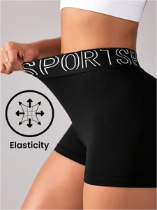 Short de sport sans couture noir à taille haute élastique avec inscription et texture côtelée