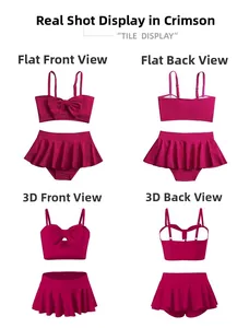 Detail of crimson two-piece girls' swimsuit featuring bow straps and ruffled skirt bottoms