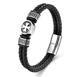 Braided black leather bracelet for men with silver magnetic clasp and cross pendant detail
