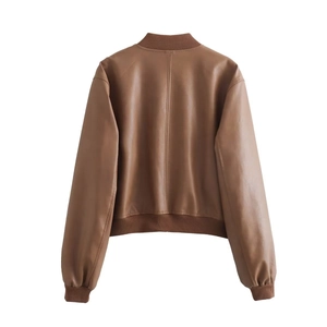 Detailed back view of a brown faux leather bomber jacket with ribbed cuffs and hemline