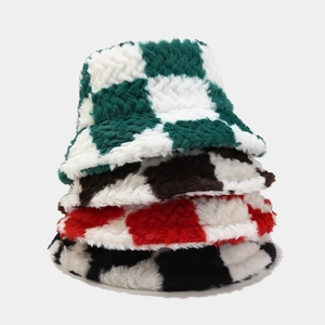 Winter plaid checkerboard plush bucket hat set in four warm colors for outdoor warmth