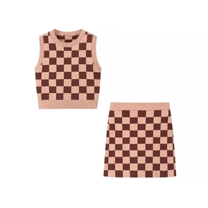 Ensemble Tricot À Carreaux Gilet Sans Manches Et Jupe Courte Style Preppy Élégant Femme