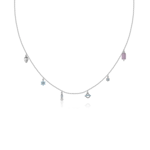 S925 silver necklace with strawberry, blue flower, rocket, and popsicle charms
