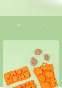 Detail of 6-cavity Halloween silicone mold with pumpkin, skull and bat chocolate shapes