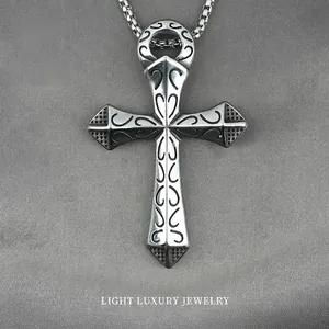 Vintage Cross Pendant Necklace Titanium Steel Gothic Embossed Pattern Punk Retro Jewelry For Men