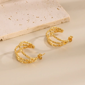 French vintage style multilayer C-shaped gold titanium steel hoop earrings for women